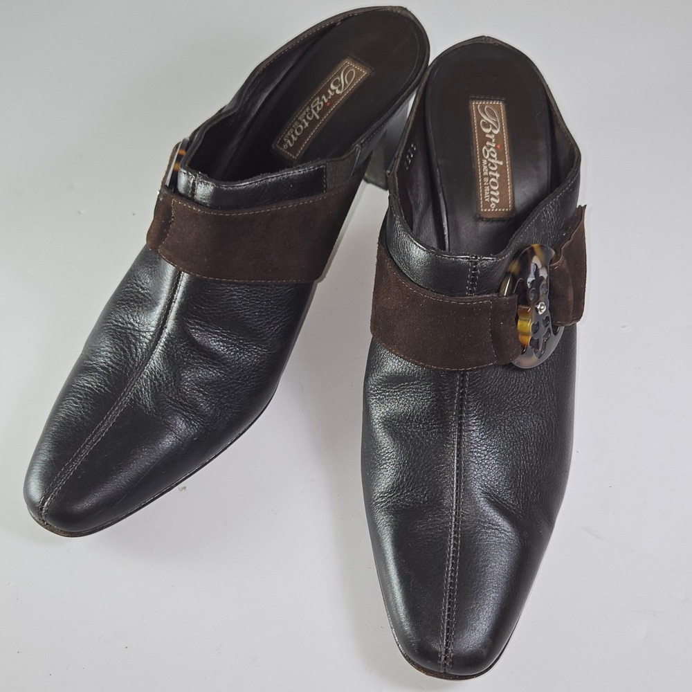 Brighton Rococo Dark Brown Leather Suede Accent Mule Heels Made in Italy 10N